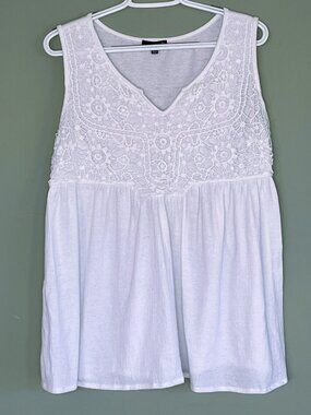 Babydoll Top Cottagecore Boho Crochet Accents sz Medium White rxb